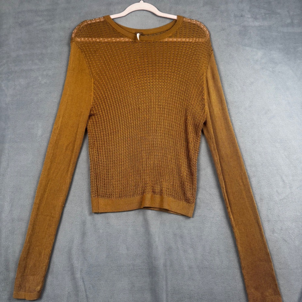 Free People Bronze Metallic Open Knit Long Sleeve Top XL Copper Brown